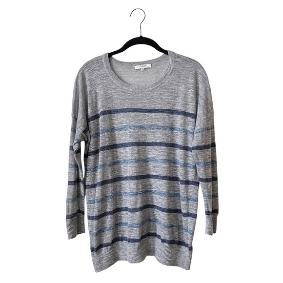 Madewell Linen Top Womens Size M Gray Blue Striped Crewneck Long Sleeve Pullover - Picture 1 of 6